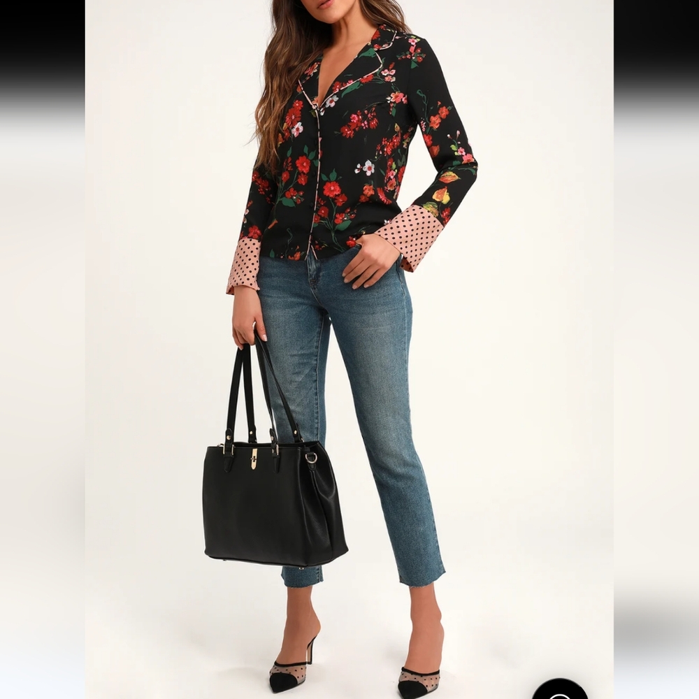 Lulu's Halynn Floral Long Sleeve Top Women's XS Black Multi Boho Retro
